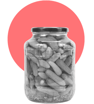 A black and white pickle jar against a circle background