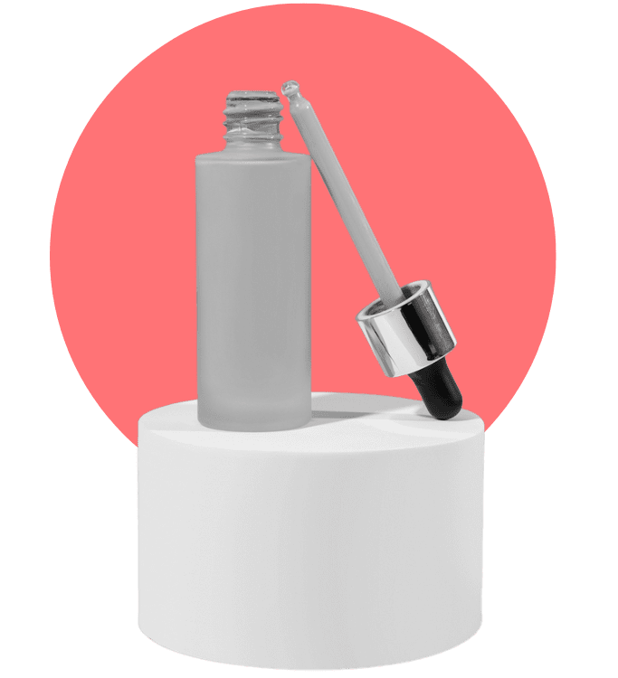 Open makeup container on pedestal