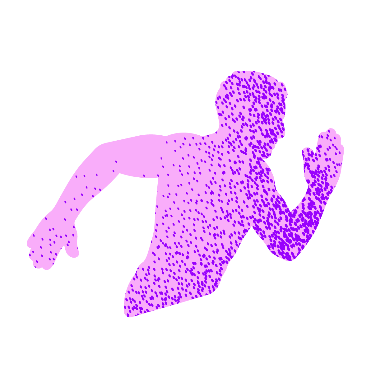 Running person icon with a pale pink background and dark particle swoosh pattern representing our clients